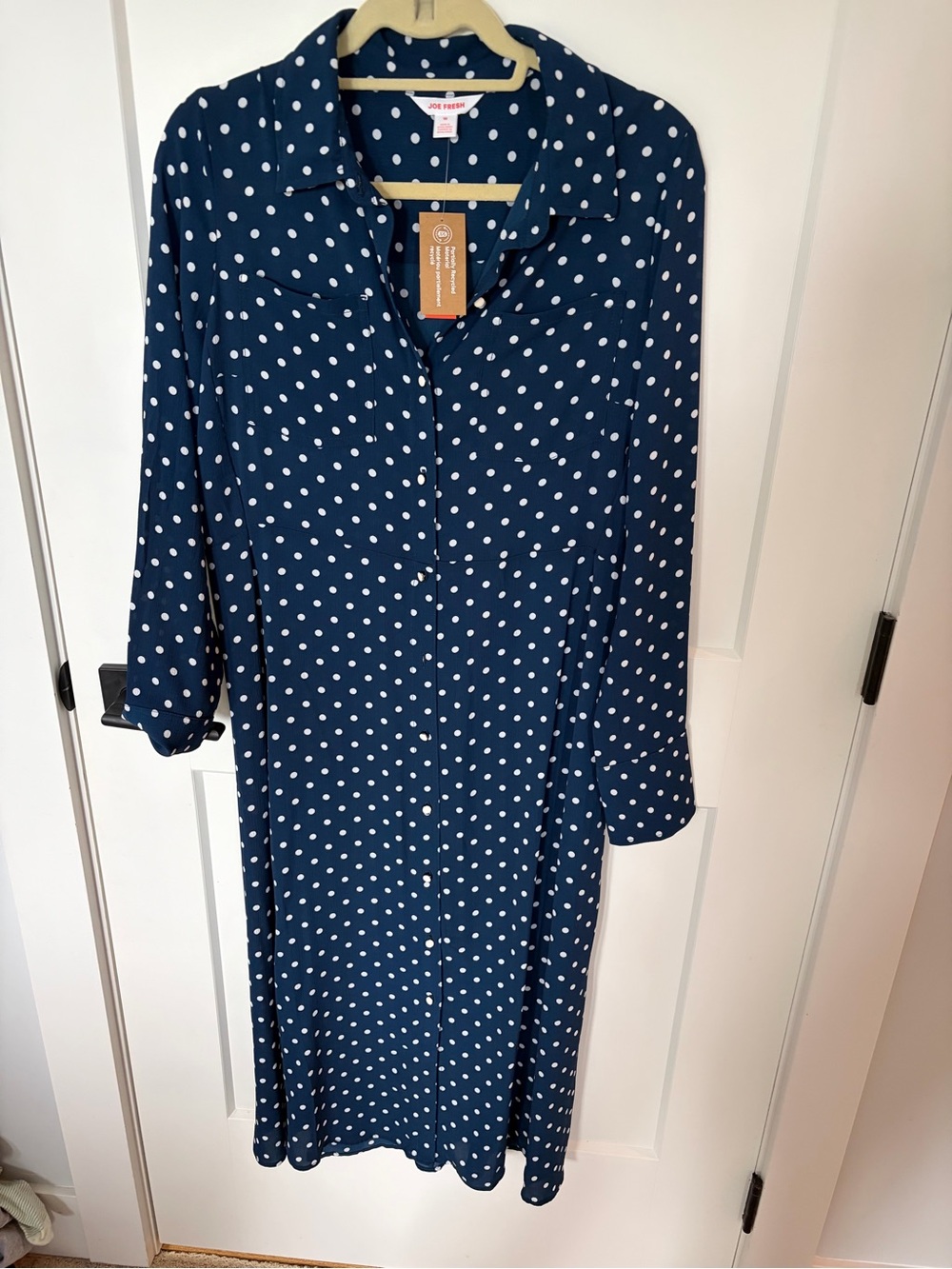 NWT Joe Fresh Navy and White Polka Dot Long Sleeve Maxi Shirt Dress